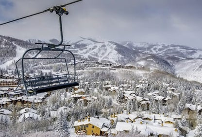 An aerial view of a chairlift up Deer Valley Resort.