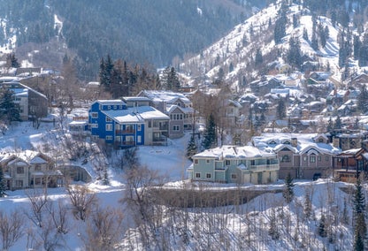 Aerial view of snowy real estate in Park City, Utah.