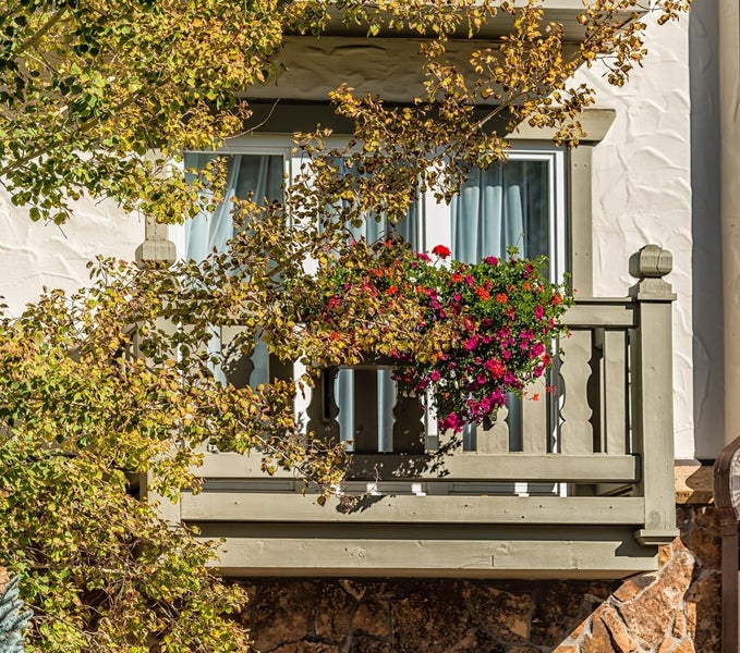Exterior of condo balcony with flowers