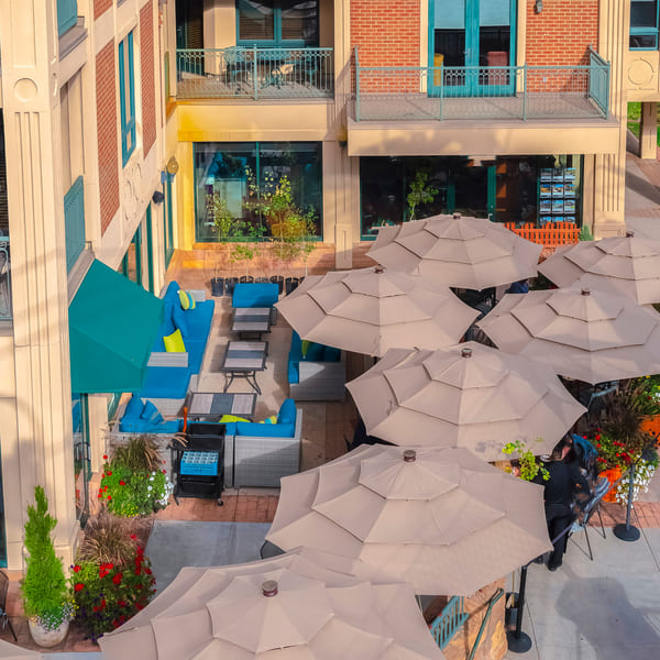 Aerial footage of a commercial patio cafe in Park City, Utah