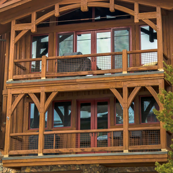 The front facade of a large, wooden, luxury home near Park City, UT.