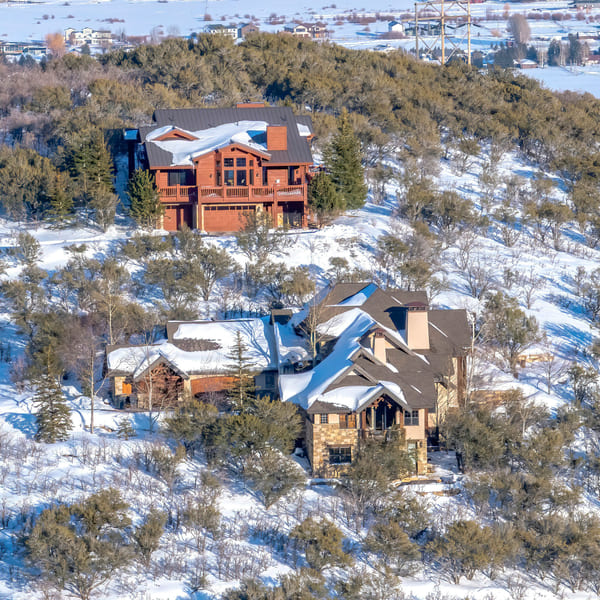 aerial footage of Park City, Utah real estate during the winter.