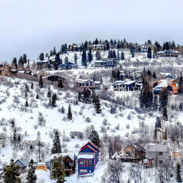 aerial photograph of Park City, Utah real estate during the winter.
