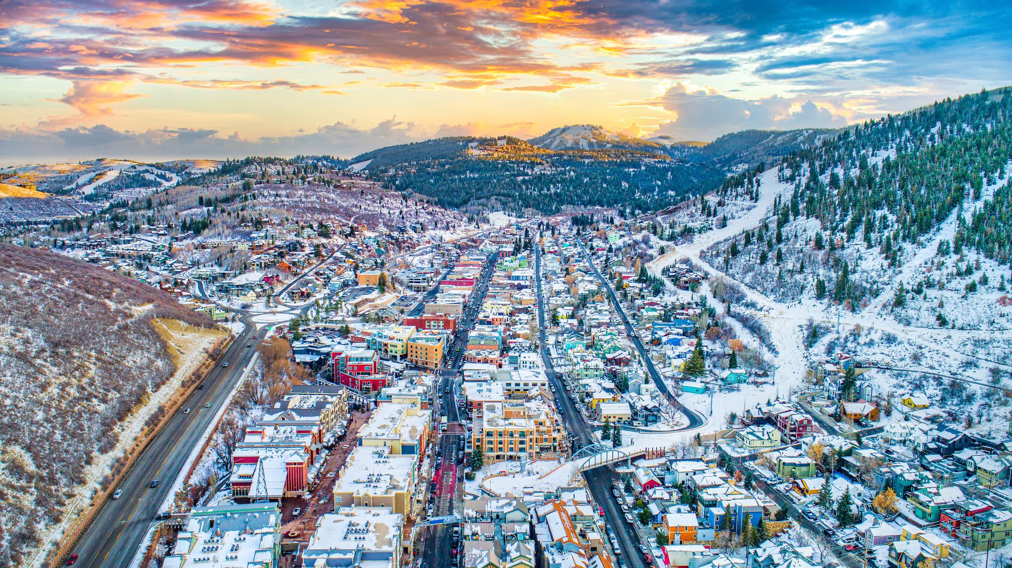 Aerial image of stunning Park City, UT during the snow