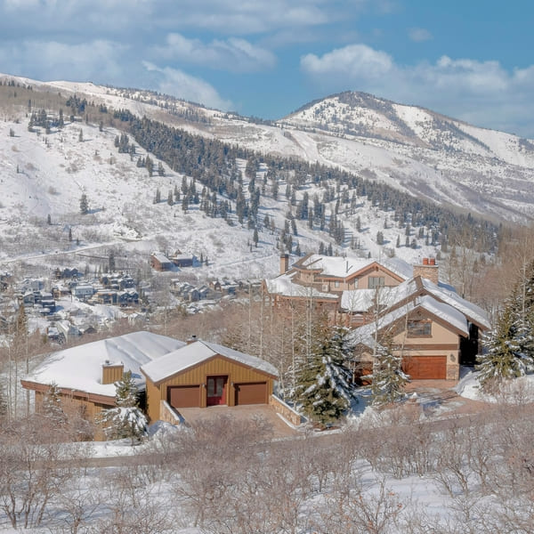 Winter real estate in Park City, Utah from an aerial view.