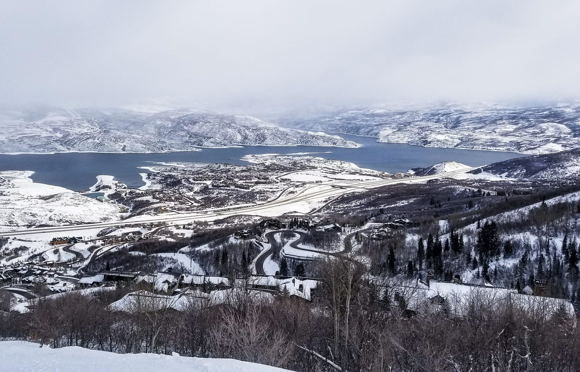 A wintery aerial view of Upper Deer Valley Resort, Utah.